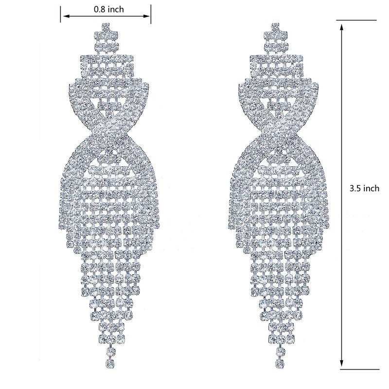 CHRAN Silver Rhinestone Long Tassels Dangle Chandelier Earrings Jewelry Size 3.5" - Image 2